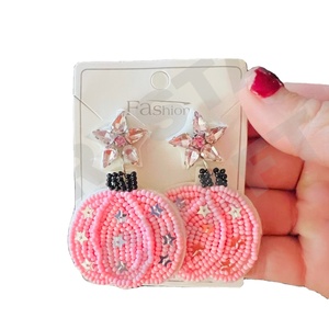 Halloween Pink Beaded Earrings for Women Patriotic <b>Memorial</b> Day Orange White Blue Colour Fabric Material - Product Image 1