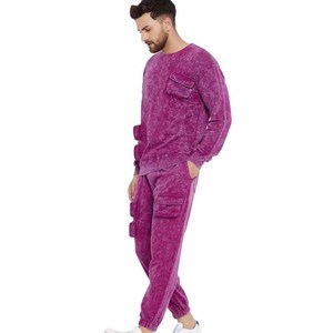 Men's Purple <b>Velvet</b> <b>Tracksuit</b> Set Full Sleeve Crew Neck Casual Sweatshirt Pants Solid Color Winter Wear Elastic Waist - Product Image 1