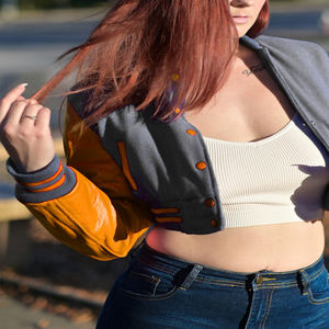 Chaqueta Corta Estilo Universitaria para Mujer, Color Gris Naranja, Estilo Bomber, Mangas de Cuero Sintético, Ropa Exterior Informal, Moda Femenina - Product Image 2