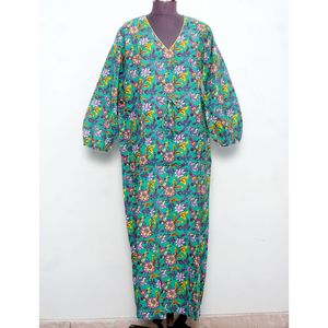 เดรสลำลองทรงตรงไซส์พลัสสำหรับผู้หญิง ลายพิมพ์บล็อกด้วยมือ แขนพอง คอวี เอวธรรมชาติ ความยาวระดับข้อเท้า - Product Image 1