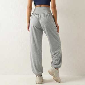 Women's Gray Pants Mid Waist Elastic Loose Fit Full Length Solid Color Casual Spring Style Knitted Cotton Spandex - Product Image 2
