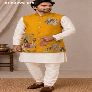 Premium Collection Malai Satin with Handwork & Embroidery Traditional Motif Nehru-Jacket & <b>Kurta</b>-Polo Pant Set Indian Exporter - Product Image 1