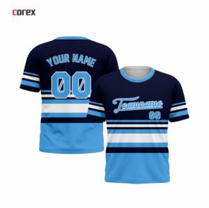Camiseta Corex de Manga Corta para Hombre, Azul Marino con Rayas Azul Claro, con Estampado del Nombre del Equipo, Cuello Redondo, Corte Regular, Estilo Deportivo - Product Image 3