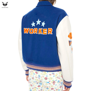 Newest Trendy Blue Varsity <b>Jacket</b> With <b>White</b> Sheep Embroidery Patchwork Sleeve Full Length Autumn Wear Turn Down Collar - Product Image 2