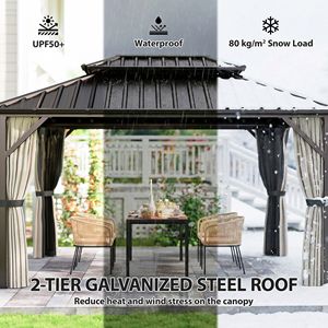 Gazebo Elegante con Tetto Rigido 10FT X 14FT, Doppio Tetto in Acciaio Zincato, Telaio in Alluminio, Permanente per Giardino - Marrone - Product Image 4