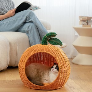 Nichoir décoratif en rotin fait main en forme de citrouille pour chat, lit durable tressé pour petits animaux, utilisation intérieure - Product Image 3