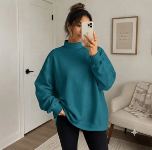 Sweat-shirt oversize en molleton à col montant pour femme, en tissu brossé épais, inspiré de l'Ivy League, streetwear moderne avec broderie - Product Image 1