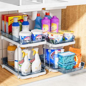 Organisateur de placard à pharmacie coulissant à 2 niveaux, rangement polyvalent pour salle de bain et cuisine, organisation empilable pour évier et garde-manger - Product Image 4