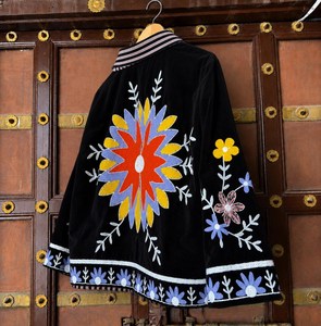 Showcase Rich Detail Indian Art <b>Sunflower</b> <b>Embroidered</b> Velvet Jacket Black Floral Boho Coat Artisan Suzani Statement Outerwear - Product Image 2