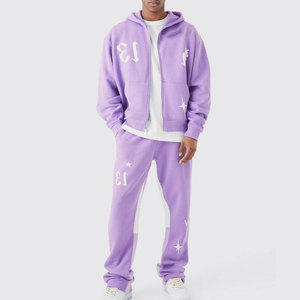 Street Style Sun Faded New Arrival Men Sweat Suit Baggy Look Rhinestone Acid Wash 2 Piece Hooded & Stacked Pant <b>Set</b> - Product Image 5