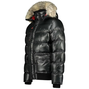 GEONORWAY Women's Quilted Jacket Fur Trim Hood Winter Parka <b>Black</b> Genuine Leather Shell Breathable Animal Print Cotton Filling - Product Image 4