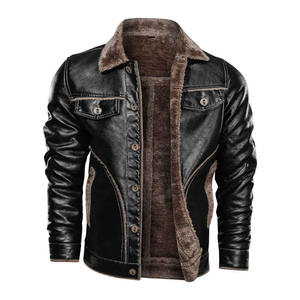Veste en cuir véritable marron pour homme, longue, col rabattu, doublure en fausse fourrure, coupe-vent, style motard, vêtements d'hiver - Product Image 1