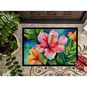 Hawaii Hawaiian Hibiscus Watercolor Doormat Non-Slip <b>Indoor</b> Outdoor 24H X 36W Entryway Rug Washable Low Pile Front <b>Door</b> <b>Mat</b> - Product Image 3