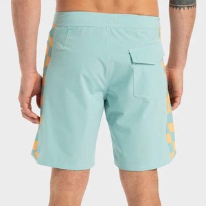 Summer Light Blue Board Shorts With Yellow Checkered Side Stripes Quick Dry Drawstring Waist Casual <b>Swimwear</b> - Product Image 2