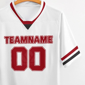 เสื้อฟุตบอลอเมริกันสีขาวแบบกำหนดเองสำหรับผู้ชาย คอวี แขนสั้น พิมพ์ลายแบบซับลิเมชั่น ชื่อทีม หมายเลข ผ้าโพลีเอสเตอร์ซับเหงื่อ - Product Image 4