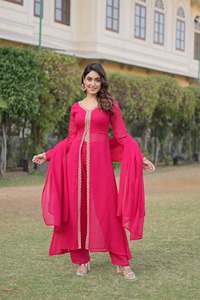 Designer Embroidery Work Faux Georgette Long <b>Kurti</b> With Bottom And Faux Georgette Dupatta Ready To Wear Set - Product Image 1