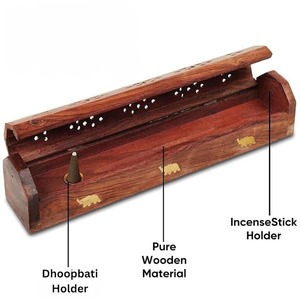 Santarms Wooden Agarbatti Stand Handmade <b>Incense</b> Holder <b>Box</b> with Brass Elephant Inlay & Ash Catcher Lid for Home Temple Office - Product Image 3