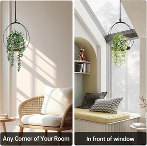 Support de plante suspendu décoratif en métal avec base en bois, porte-plante rond moderne pour la maison, le bureau, le salon, la décoration de table - Product Image 3