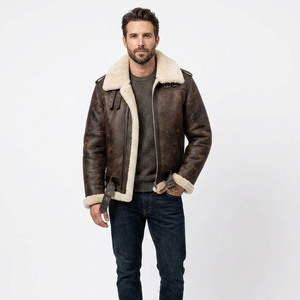Men's Genuine Leather Aviator <b>Jacket</b> With Faux Fur Lining Windproof <b>Winter</b> Moto Biker Style Regular Fit Zipper Closure - Product Image 1