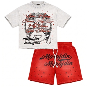 Shorts Crop Top Tshirt & Shorts Set DTG Print Logo Custom Streetwear Hip Hop Cotton Wholesale Tshirt Sets for <b>Men</b> - Product Image 3