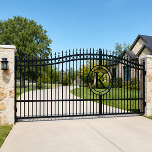 Elegante puerta de entrada de metal negro con remates en forma de lanza, pilares de piedra con monograma circular y diseño de entrada residencial de lujo. - Product Image 2
