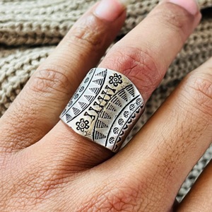 Tribal Floral Band <b>Ring</b> Boho <b>Brass</b> <b>Rings</b> Women Oxidized Silver Finish Ethnic Wide Design - Product Image 3