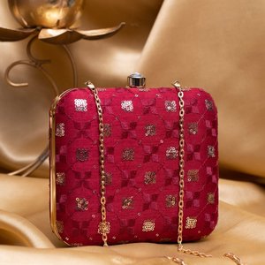 Red Based <b>Silver</b> Sequins Embroidery <b>Clutch</b> Bag Elegant Designer Evening Purse for Women Events - Product Image 2