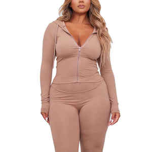 Conjunto Deportivo de 2 Piezas para Mujer, con Capucha, Color Sólido, Logotipo Personalizado, 100% Algodón, Cierre de Cremallera, Sudadera Holgada Informal de Manga Larga - Product Image 2