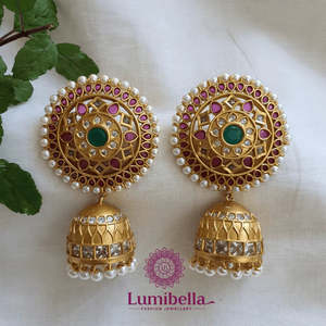 Ethnic Gold Plated Drop Jhumki Earrings with Kemp and Pearls for Party - Product Image 1