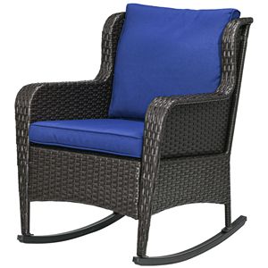 Sedia a dondolo da esterno in vimini blu scuro con telaio in acciaio, alta capacità di carico, cuscino in poliestere per patio e giardino - Product Image 1