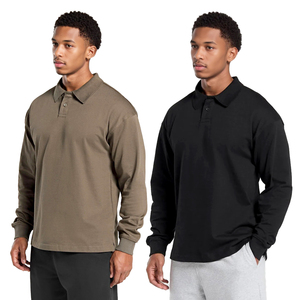 Polo à manches longues pour homme, couleur unie, tricot en coton, design décontracté et respirant, noir, olive, gris - Product Image 3