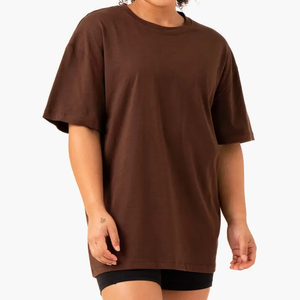 T-shirt ample à col rond pour femme, couleur marron uni, coupe ample, manches courtes, 100% coton jersey, respirant, toutes saisons - Product Image 1