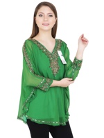 Haut Kaftan Plaid Grande Taille à Col en V Brodé de Perles et Paillettes Fait Main pour Femme en Georgette de Haute Qualité – Collection Automne-Printemps Décontractée