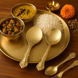 <b>Gold</b> Plated Stainless Steel Serving Spoon Set Craft India Overseas Vintage Design <b>Mirror</b> Polish <b>Long</b> Handle Durable Kitchen - Product Image 3