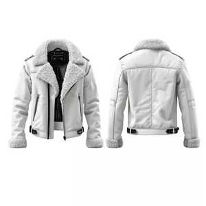 Men's <b>White</b> PU Leather Moto <b>Jacket</b> With Faux Fur Lining Zipper Closure Windproof Winter Wear Slim Fit Regular Length - Product Image 2