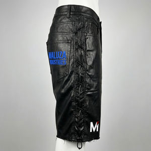 Shorts en cuir noir pour homme, style streetwear, hip hop, urbain, motard, design à lacets, Maluza Industries - Product Image 5