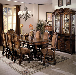 European 8-seater rich <b>brown</b> wooden dining <b>table</b> with carved scrollwork chairs and ornate pedestal, at wholesale prices. - Product Image 4