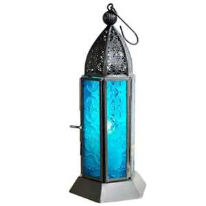 Hand Crafted Golden Lantern Hexagonal Shape Turquoise Blue Glass Panel Ornate Perforated Dome <b>Top</b> Hanging Ring Candle - Product Image 5