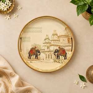 Premium <b>Round</b> Natural Wood Serving <b>Tray</b> with Elephant Artwork and Handles | Wedding Multi-Functional Dining <b>Table</b> Home Decor - Product Image 2