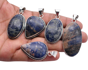 Colliers avec pendentif ovale en sodalite naturelle, 50 pièces, plaqué argent 925, serti de pierres, bijoux vintage chrétiens unisexes - Product Image 4