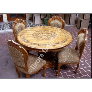Luxury Handcrafted 4 Seater <b>Round</b> <b>Dining</b> <b>Table</b> Set Ornate Floral Carving <b>Solid</b> <b>Wood</b> Finish - Product Image 6