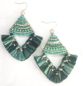 ต่างหู Raffia เครื่องประดับผู้หญิงเครื่องประดับทอง Boho ชุบโลหะทำด้วยมือ CHAIN Link รูปพัด Raffia braided - Product Image 1