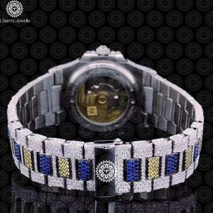 Charm Jewells Luxury Stainless Steel Watch 40mm Case <b>Red</b> Gemstone Bezel Analog Mechanical Movement Men's Fashion Glass Hip Hop - Product Image 4