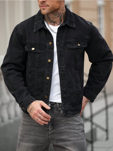 Veste en jean tricotée pour homme, délavée, classique, décontractée, boutonnée, couleur unie, coton, coupe classique, hiver - Product Image 6