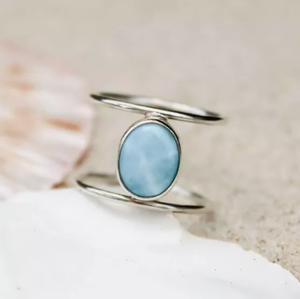 Wholesale Natural <b>Larimar</b> Ring 925 Sterling Silver Handmade Oval Gemstone Double Band Unisex Boho Party Statement <b>Jewelry</b> - Product Image 1