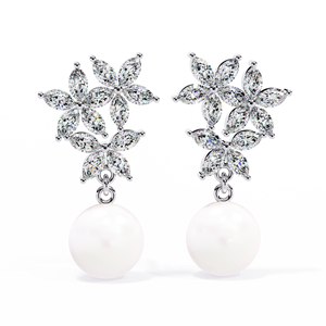 Boucles d'oreilles romantiques en forme de fleur avec moissanite marquise et perle d'eau douce en argent 925 pour femmes, bijoux de mariage - Product Image 6