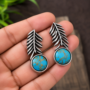 Direct Wholesale Trendy Antique Silver Plated Stainless Steel Plant Design Bezel Setting <b>Stud</b> <b>Earrings</b> <b>Turquoise</b> Stone Women's - Product Image 3