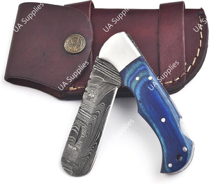 Cuchillo de bolsillo plegable de acero de Damasco hecho a mano de grado industrial UA Supplies con mango de madera, bolster de acero inoxidable y funda de cuero. - Product Image 5
