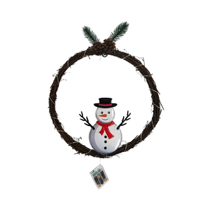 Adorable corona de vid iluminada con un lindo muñeco de nieve en el centro, un acento festivo preiluminado para una decoración acogedora del hogar en invierno. - Product Image 1
