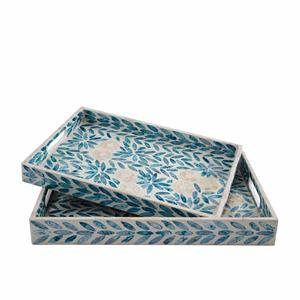 Bandeja hecha a mano de nácar con hermoso patrón de hojas azules, mosaico de conchas, bandeja rectangular para mesa de centro, almacenamiento y exhibición. - Product Image 1
